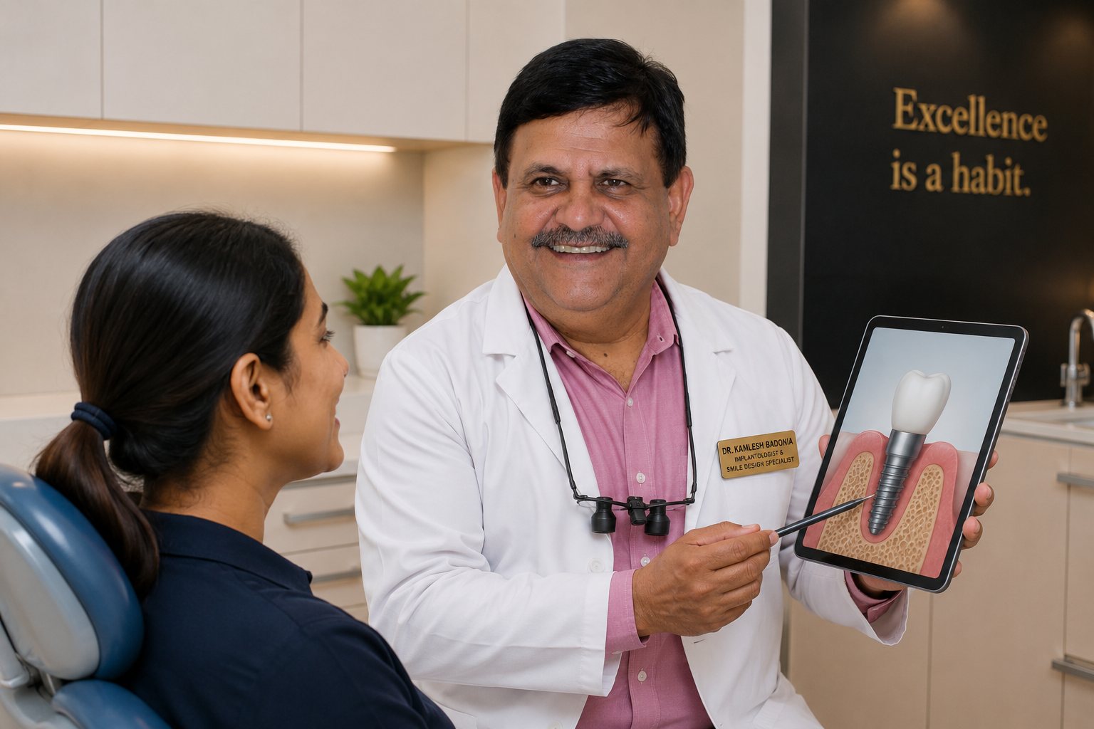 Dr. Kamlesh Badonia explaining an implant treatment to a patient